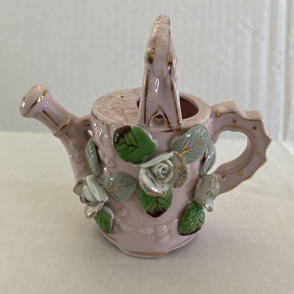 Unmarked Other - 5” China Glass Watering Can, Pink‎ Floral, Miniature Vase, Trinket Bowel